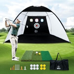 Golf Practice Net With Hitting Mat 10 X 7 Ft 10 Pu Balls 7 Tees 2 Rubber Tees And Carry Bag Included 0