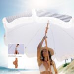 Phi Villa 7ft Patio Umbrellas With Fringe Outdoor Tilt Beach Umbrella Portable For Sand Upf 50 Canopy With 8 High Wind Proof Fiberglass Ribs And Carry Bagstrip Bluewhite 0 1