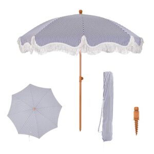 Phi Villa 7ft Patio Umbrellas With Fringe Outdoor Tilt Beach Umbrella Portable For Sand Upf 50 Canopy With 8 High Wind Proof Fiberglass Ribs And Carry Bagstrip Bluewhite 0