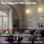 Terleenart Rechargeable Battery Operated Wall Sconce Set Of 2dimmable 12 Rgb Colors Wireless Remote Control Wall Lights With Fabric Shade And Gold Finish 0 0