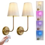 Terleenart Rechargeable Battery Operated Wall Sconce Set Of 2dimmable 12 Rgb Colors Wireless Remote Control Wall Lights With Fabric Shade And Gold Finish 0