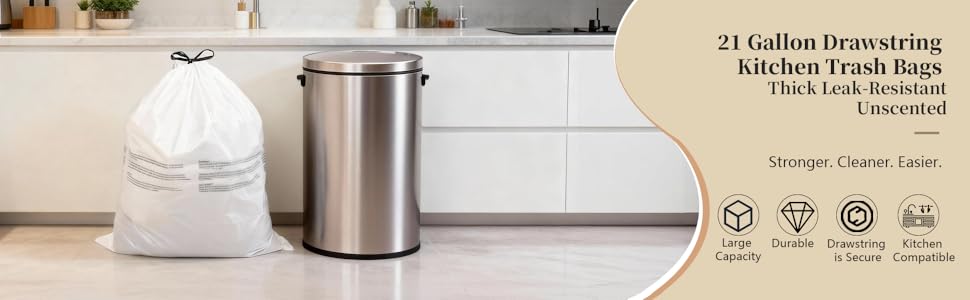 21 Gallon Drawstring Trash Bags, 80L Extra Large Kitchen Garbage Bags, 100ct 1.2 Mil Extra Strong Leak-Proof Liners for Home & Kitchen, Office Unscented White