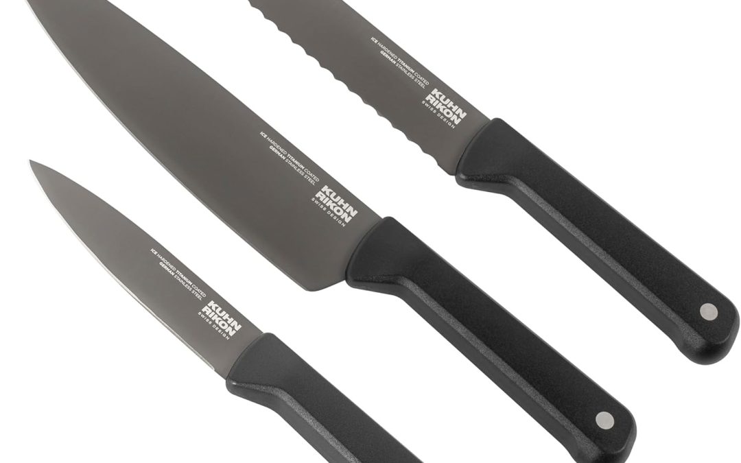 Kuhn Rikon ICED Knife Set 3 Piece, Ice Hardened German Stainless Steel, Razor Sharp Titanium Coated Blades, Chef Bread and Prep Knives, Everyday Kitchen Knife Set