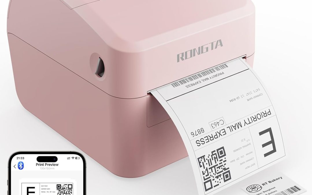 Rongta 4×6 Bluetooth Shipping Label Printer – Thermal Label Printer for Shipping Packages, Small Business, Home, Office, Compatible with Amazon, Ebay, Tiktok, Etsy, USPS, Commercial Grade, Pink