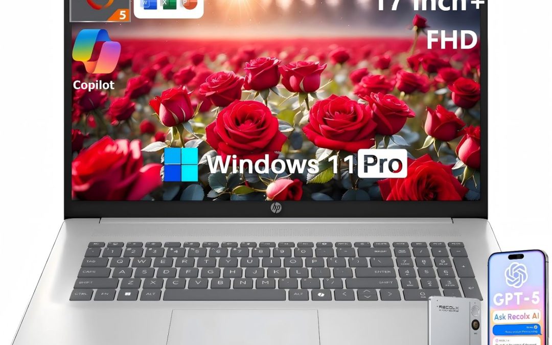 HP 17 Inch Laptop, 17.3″ FHD IPS Display, AMD Ryzen 5 7430U (Up to 4.5GHz), 20 GB RAM, 512 GB SSD, Wi-Fi 6, Bluetooth 5.4, Windows 11 Pro, Copilot AI Key, Numeric Keypad, w/RECOLX AI Voice Recorder